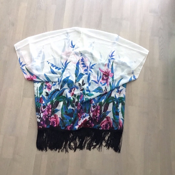 Fringed Floral Kimono / Robe / Swimsuit Cover-up - Picture 1 of 6